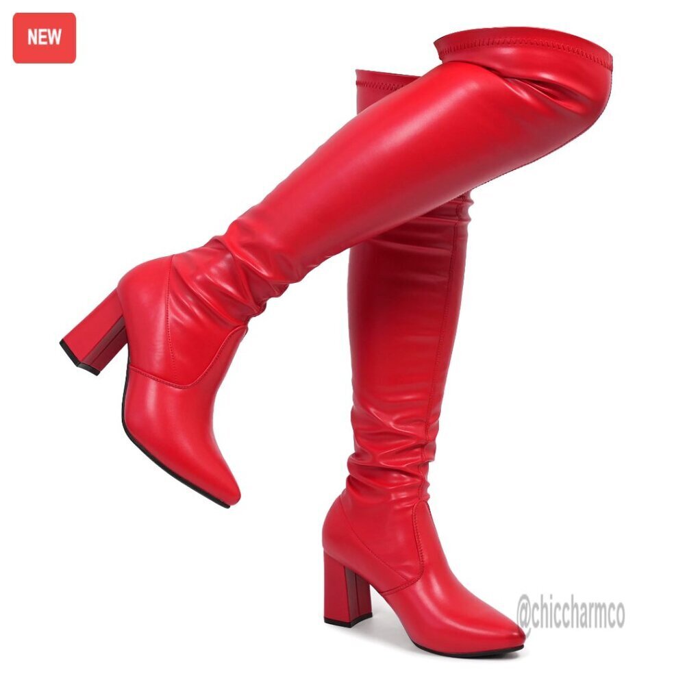 Thigh High Boots Pointy Toe High Heel Over Knee Vegan PU Stretchy